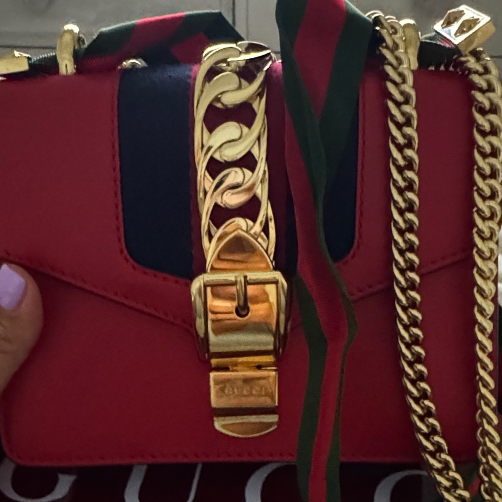 Gucci Red Leather Crossbody with Gold Chain and Signature Web